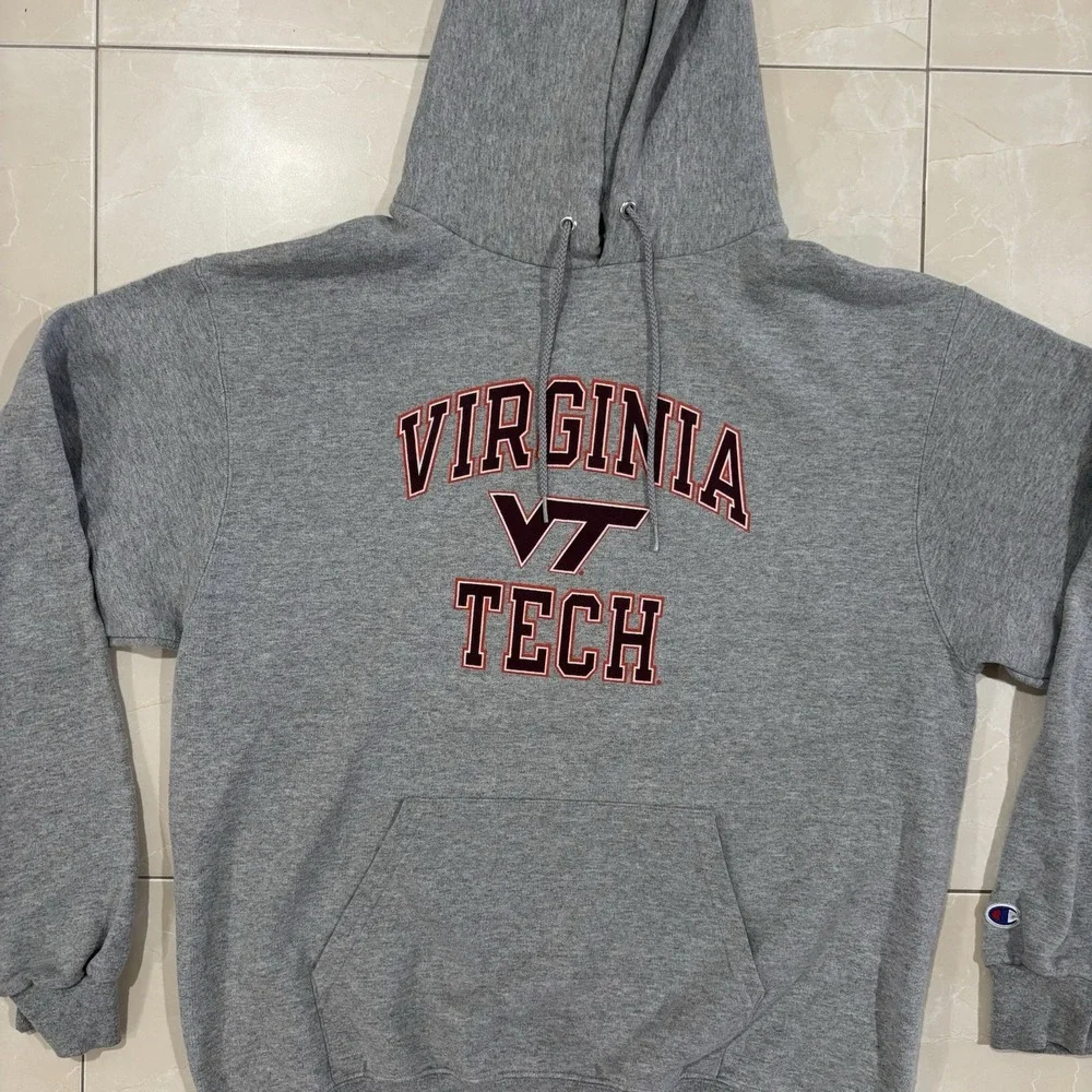 Vintage Virginia Tech Champion Hoodie Sweatshirt Men's Large College Y2K Gray